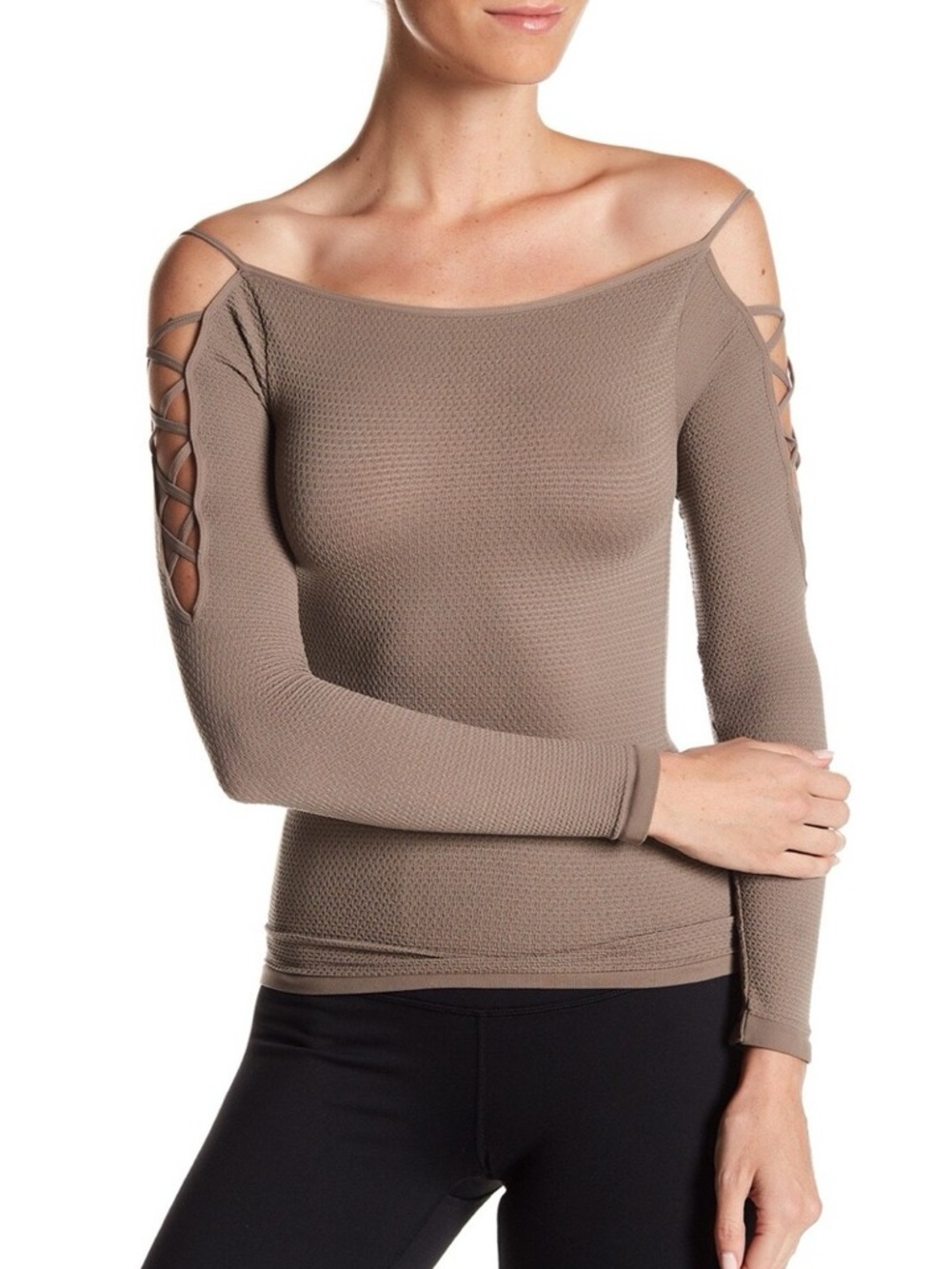 FREE PEOPLE Intimately Cold Shoulder Long Sleeve Top Stretch Nutmeg Tan - Picture 2 of 15